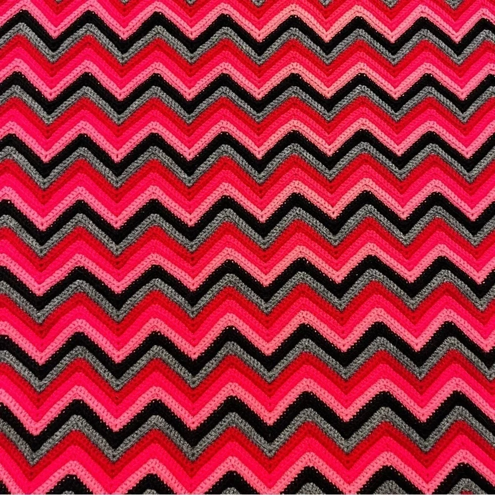 Vintage Afghan Chevron Zig Zag Knit Red Gray Black 60 x 37